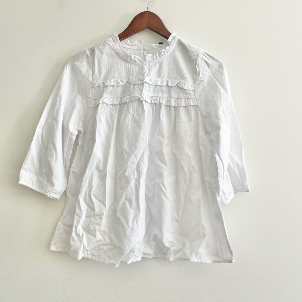 NWT Michelle McDowell White Peasant Boho Top Blouse w Frills 3/4 Sleeves Small